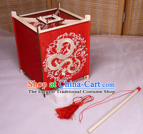China Classical Red Chiffon Palace Lantern Traditional New Year Portable Lantern Handmade Embroidered Dragon Lamp