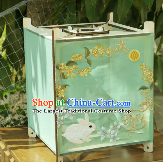China Traditional New Year Desk Lantern Handmade Embroidered Rabbit Lamp Classical Light Green Cloth Palace Lantern
