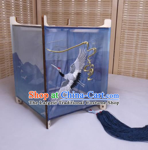 China Classical Blue Cloth Palace Lantern Handmade Embroidered Crane Lamp Traditional Spring Festival Desk Lantern