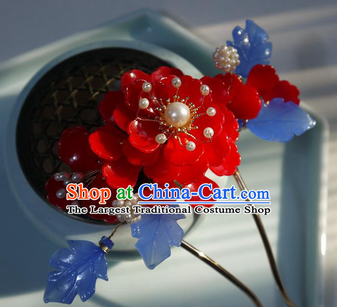 China Ming Dynasty Hair Comb Ancient Palace Princess Red Begonia Hairpin