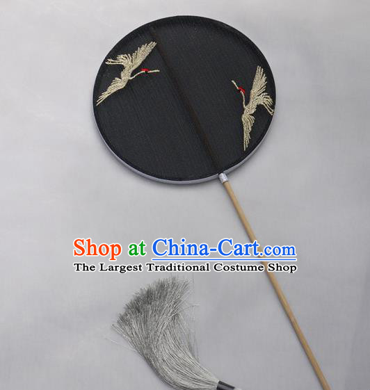 China Traditional Tang Dynasty Princess Fan Handmade Embroidered Cranes Palace Fan Classical Black Silk Circular Fan