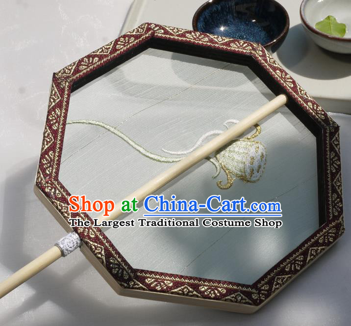 China Traditional Hanfu Octagon Fan Handmade Embroidered Lotus Palace Fan Classical Silk Fan