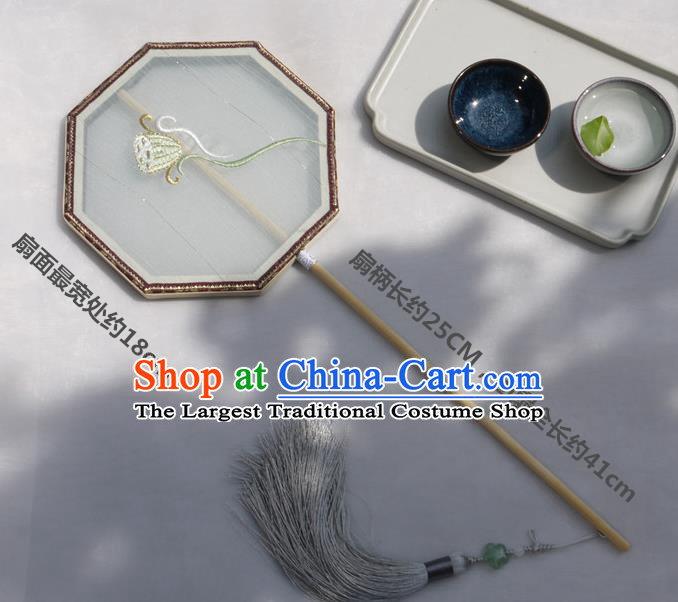 China Traditional Hanfu Octagon Fan Handmade Embroidered Lotus Palace Fan Classical Silk Fan