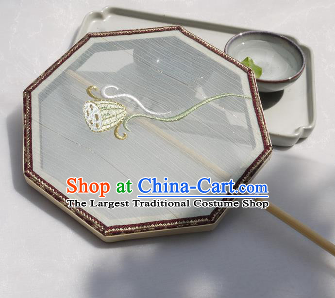 China Traditional Hanfu Octagon Fan Handmade Embroidered Lotus Palace Fan Classical Silk Fan