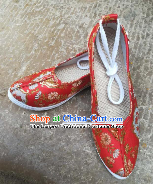 Chinese Traditional Red Hanfu Shoes Handmade Classical Chrysanthemum Pattern Brocade Shoes Wedding Shoes
