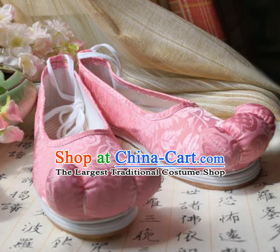 China Classical Pink Brocade Shoes Traditional Tang Dynasty Princess Shoes Hanfu Shoes