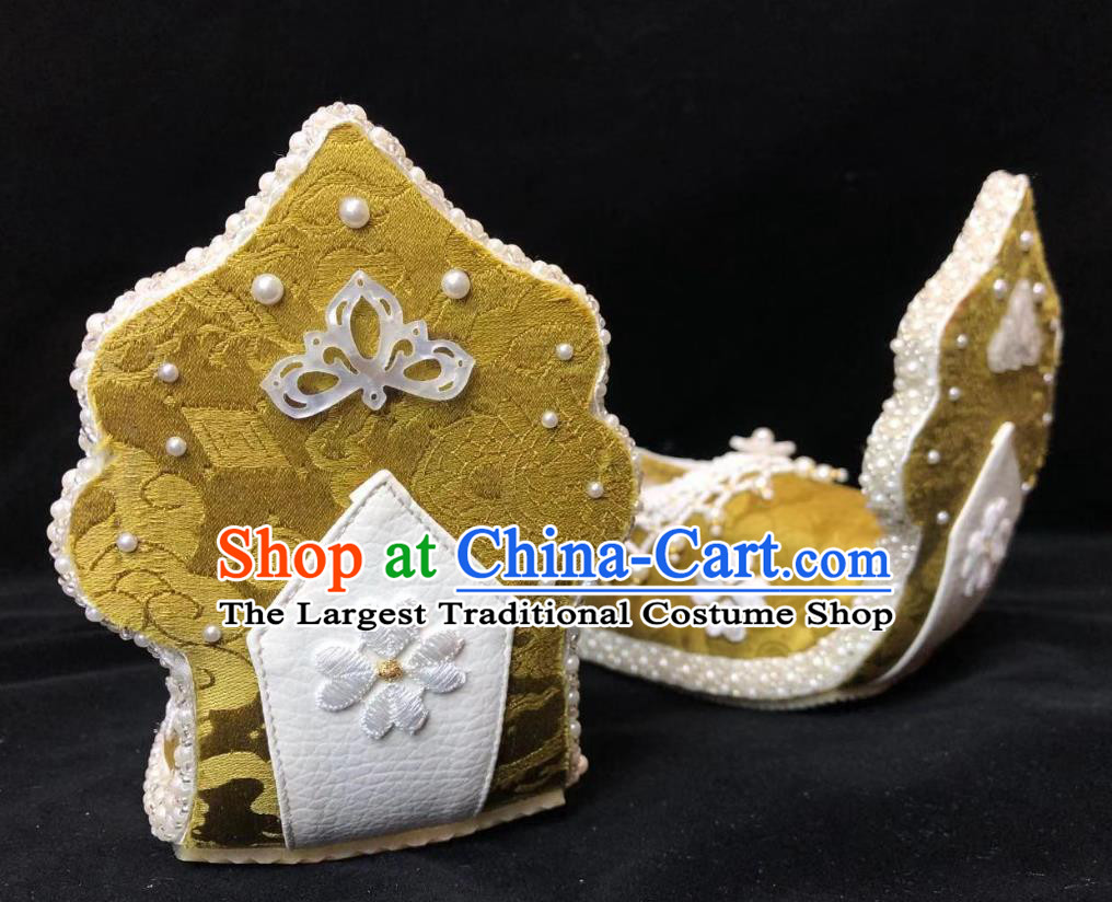 China Traditional Tang Dynasty Wedding Hanfu Shoes Ancient Princess Pearls Shoes Classical Ginger Shoes