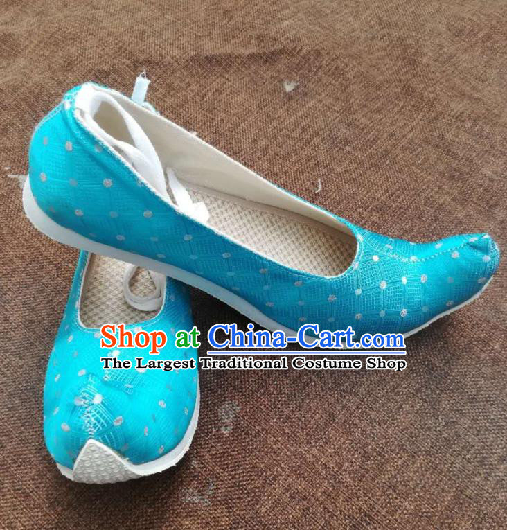 China Handmade Hanfu Shoes Traditional Tang Dynasty Princess Shoes Wedding Blue Satin Shoes