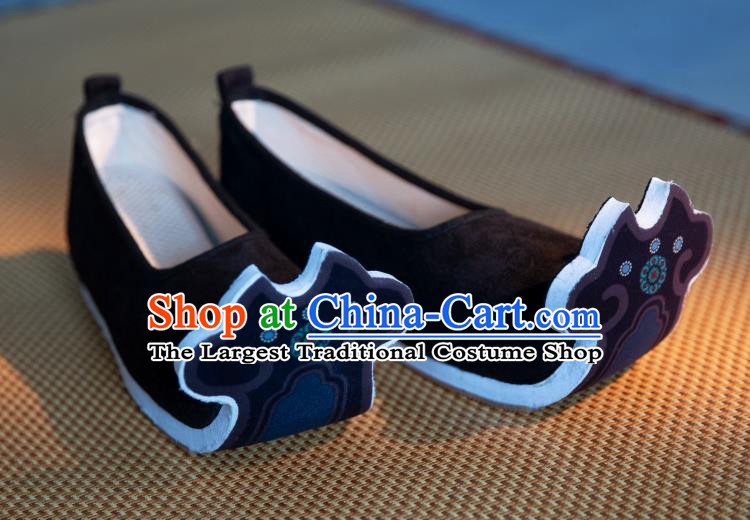 China Ancient Empress Black Cloth Shoes Traditional Tang Dynasty Princess Shoes Handmade Printing Hanfu Shoes