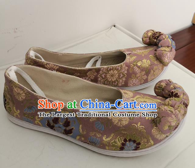 China Classical Chrysanthemum Pattern Pink Brocade Shoes Traditional Song Dynasty Hanfu Shoes Handmade Ancient Princess Satin Shoes