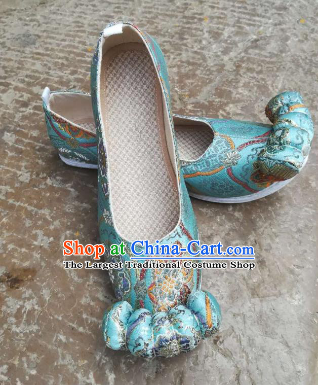 China Handmade Ancient Princess Satin Shoes Classical Blue Brocade Shoes Traditional Song Dynasty Hanfu Shoes