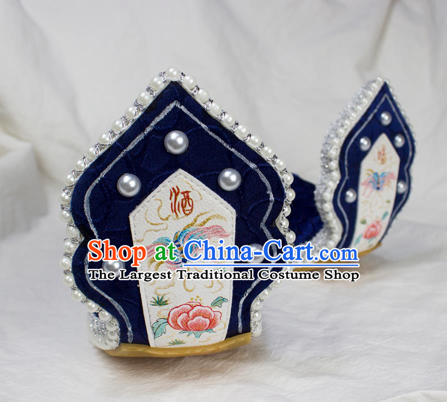China Hanfu Printing Butterfly Peony Shoes Traditional Tang Dynasty Princess Royalblue Shoes Classical Pearls Shoes