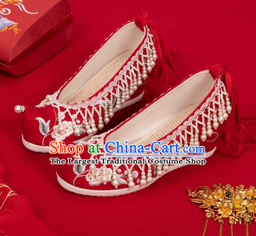 China Classical Embroidered Shoes Hanfu Bow Shoes Traditional Wedding Red Cloth Shoes