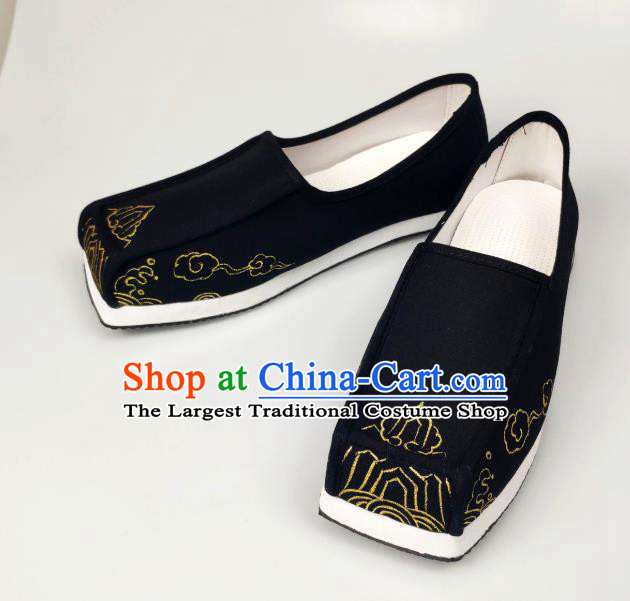 Chinese Handmade Ancient Scholar Black Cloth Shoes Traditional Ming Dynasty Embroidered Shoes