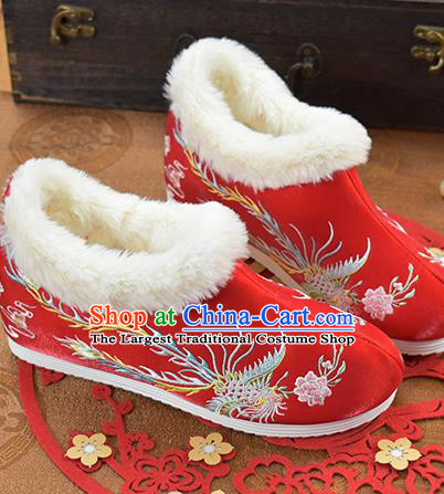 China National Ankle Boots Embroidered Phoenix Red Cloth Shoes Traditional Winter Shoes