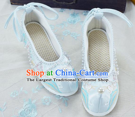 China National Beads Shoes Traditional Hanfu Shoes Women Light Blue Embroidered Shoes