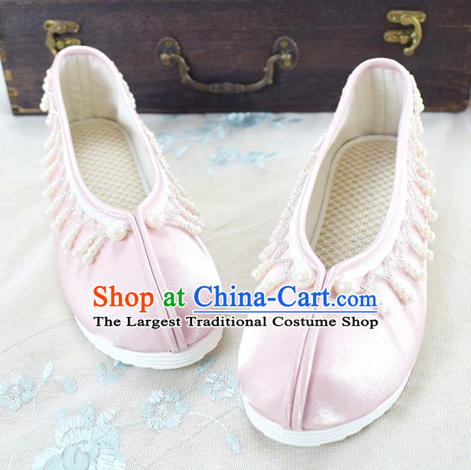 China Traditional Hanfu Shoes Pink Satin Shoes National Women Shoes