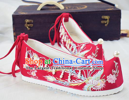 China National Wedding Beads Tassel Shoes Traditional Women Hanfu Shoes Red Embroidered Shoes