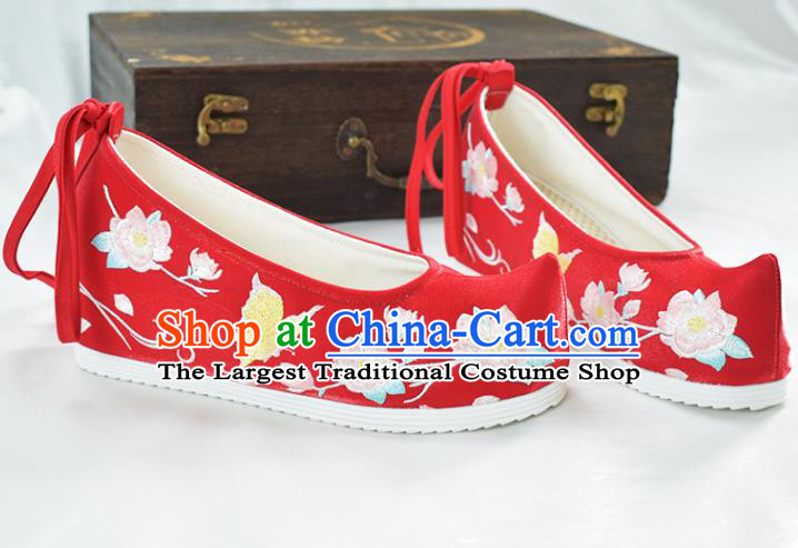 China National Wedding Shoes Women Red Cloth Shoes Traditional Hanfu Bow Shoes Embroidered Peach Blossom Shoes