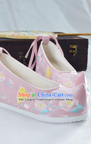 China Traditional Hanfu Bow Shoes Embroidered Peach Blossom Shoes National Wedding Shoes Women Pink Cloth Shoes