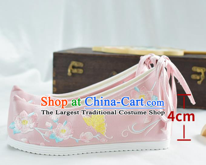 China Traditional Hanfu Bow Shoes Embroidered Peach Blossom Shoes National Wedding Shoes Women Pink Cloth Shoes