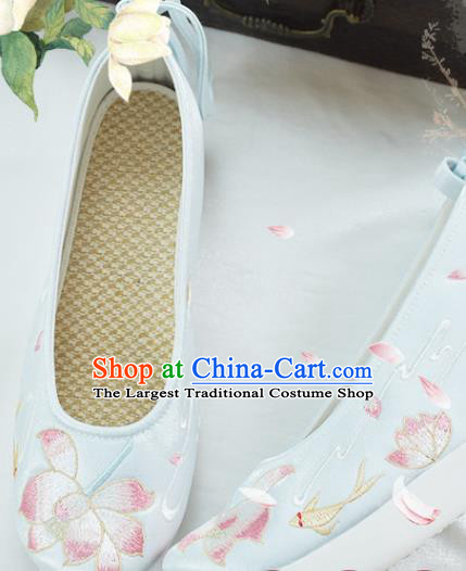 China National Shoes Traditional Embroidered Lotus Shoes Women Light Blue Satin Shoes