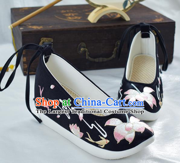 China Traditional Embroidered Lotus Shoes Women Black Satin Shoes National Shoes