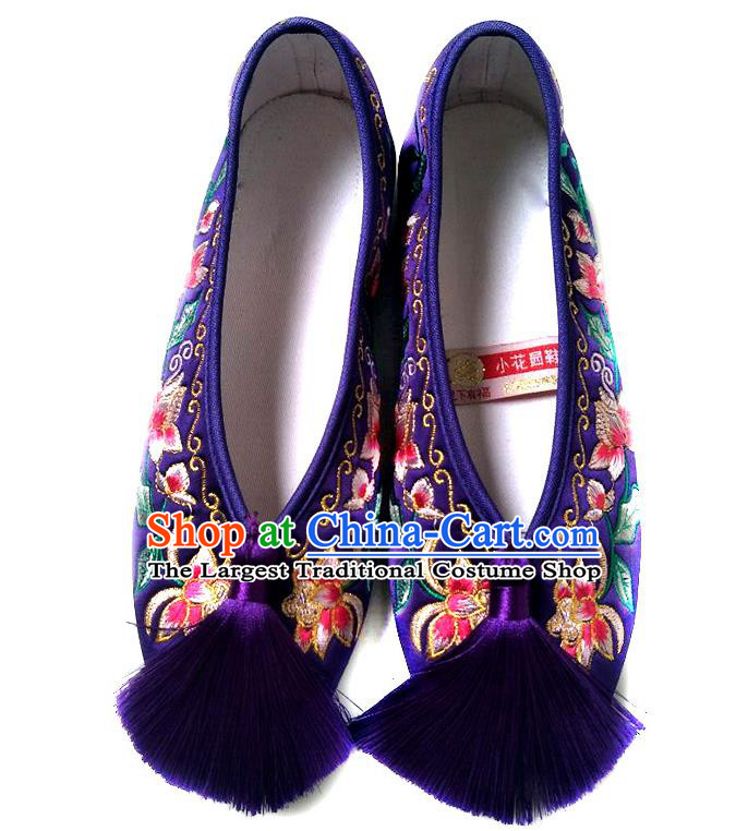 China Embroidered Flowers Shoes Classical Wedding Xiu He Shoes Traditional Purple Satin Shoes