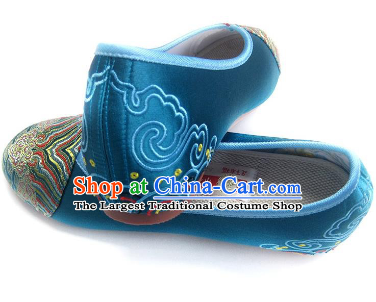 China National Women Shoes Embroidered Blue Satin Shoes Traditional Wedding Bride Shoes