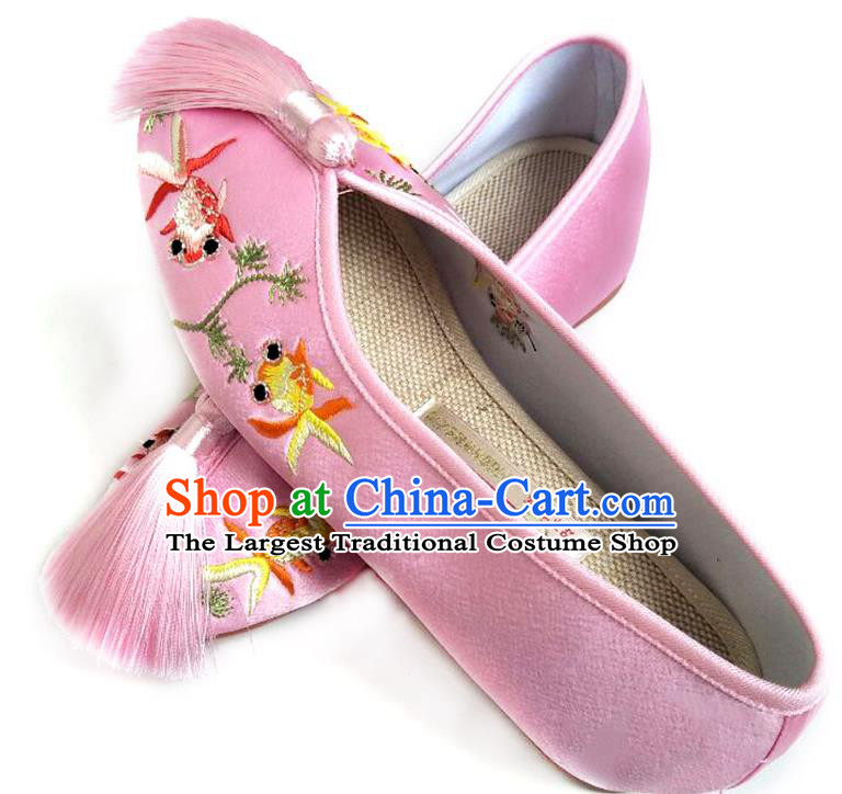 China Traditional Pink Satin Shoes Embroidered Goldfish Shoes National Shoes