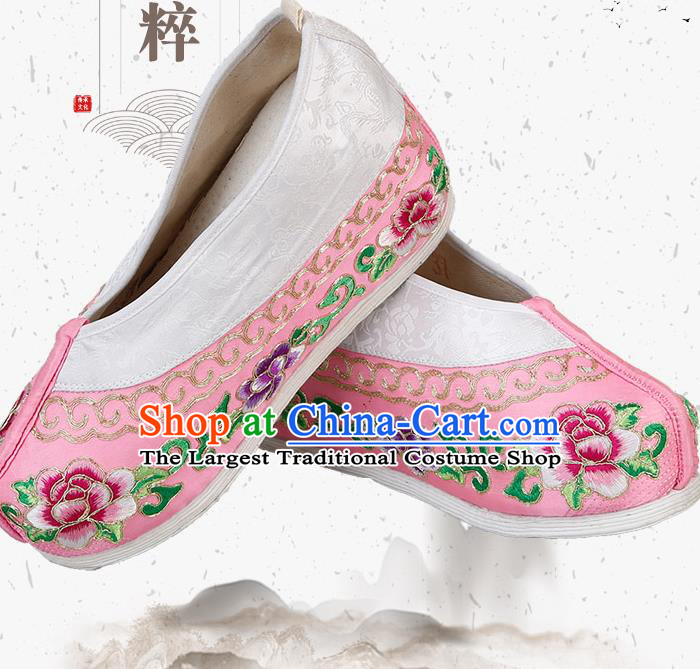 China Ancient Princess Pink Satin Shoes Traditional Peking Opera Diva Embroidered Peony Shoes