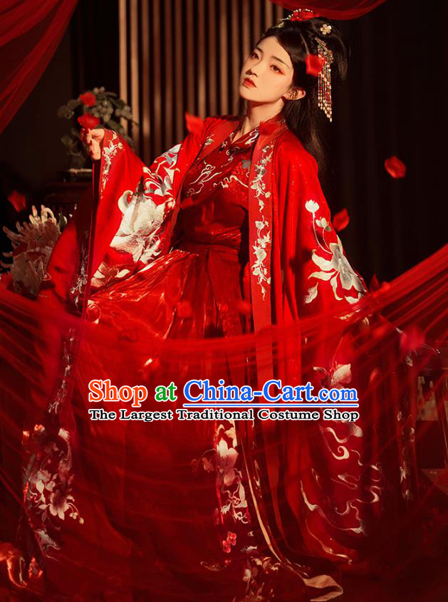 China Traditional Embroidered Wedding Hanfu Costumes Ancient Jin Dynasty Palace Beauty Historical Clothing Full Set