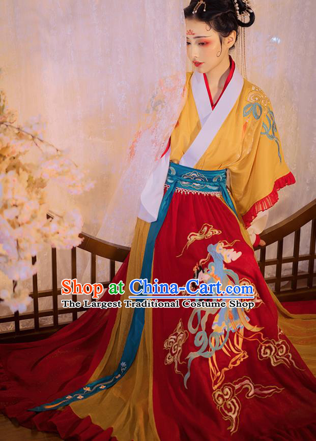 China Traditional Jin Dynasty Court Princess Historical Clothing Ancient Goddess Embroidered Hanfu Dress Apparels