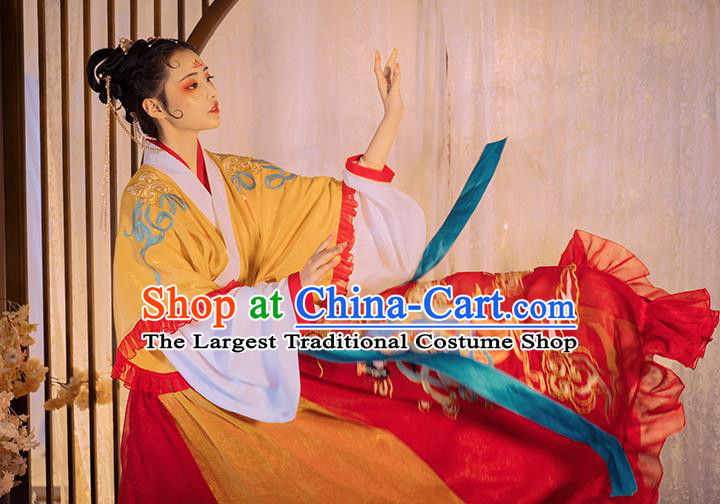 China Traditional Jin Dynasty Court Princess Historical Clothing Ancient Goddess Embroidered Hanfu Dress Apparels