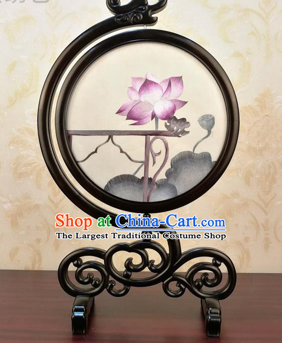China Traditional Embroidered Lotus Table Screen Handmade Blackwood Desk Ornament Embroidery Silk Craft