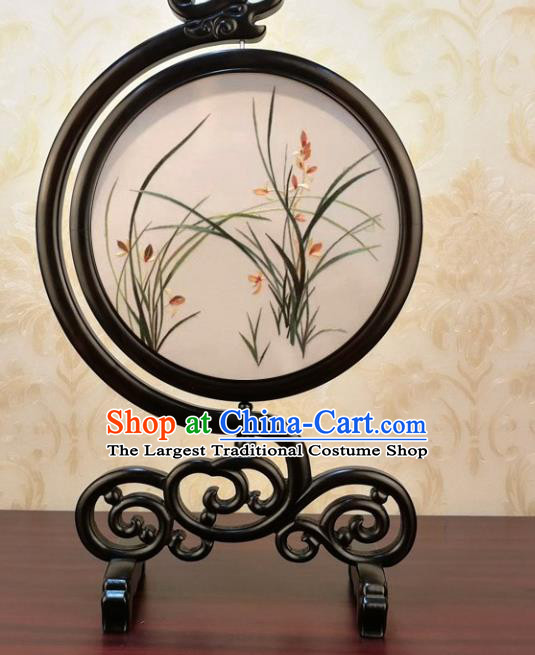 China Traditional Double Side Embroidered Orchids Silk Craft Handmade Blackwood Table Screen