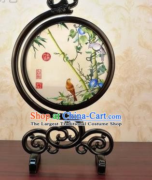 China Traditional Double Side Embroidered Petunia Bamboo Table Screen Handmade Carving Blackwood Desk Ornament
