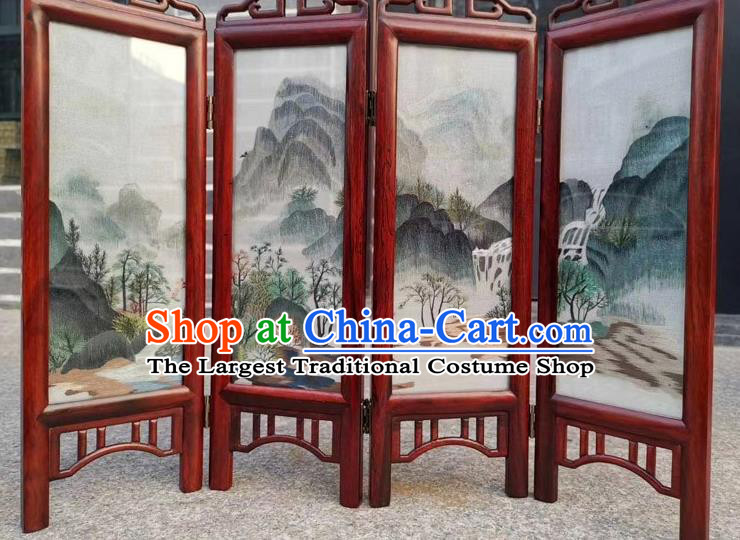 Chinese Double Side Embroidery Landscape Table Screen Handmade Rosewood Desk Folding Screen