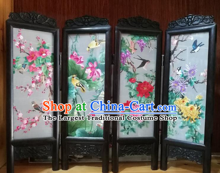 Chinese Suzhou Embroidered Plum Lotus Peony Chrysanthemum Table Screen Traditional Blackwood Folding Screen