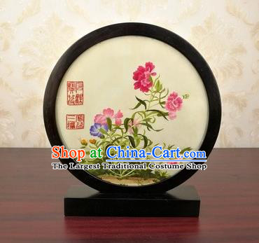 China Traditional Suzhou Embroidered Peony Table Screen Artware Handmade Blackwood Desk Screen