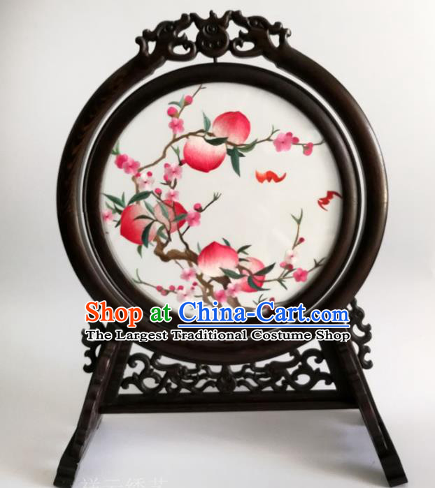 China Traditional Double Side Embroidered Peach Blossom Table Screen Artware Handmade Wenge Carving Dragon Desk Screen