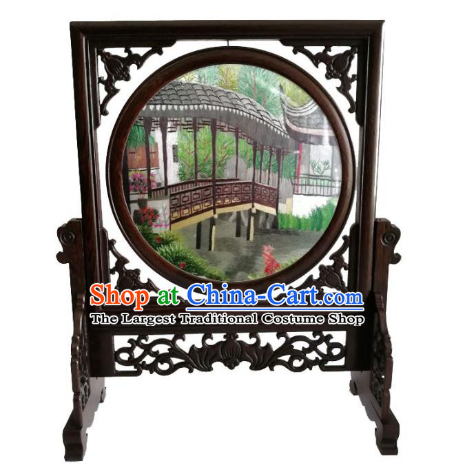 Chinese Traditional Wenge Rotatable Screen Handmade Suzhou Embroidered Corridor Table Screen