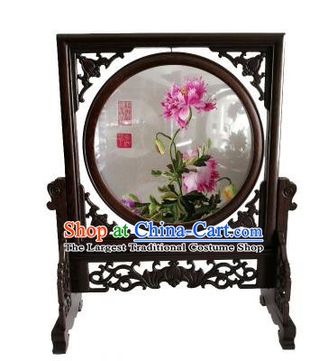Chinese Handmade Suzhou Embroidered Harbaceous Peony Table Screen Traditional Wenge Rotatable Screen Craft