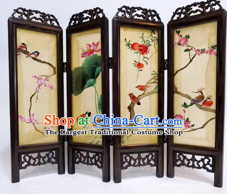Chinese Desk Ornaments Handmade Flowers Birds Folding Screen Craft Suzhou Embroidery Table Screen