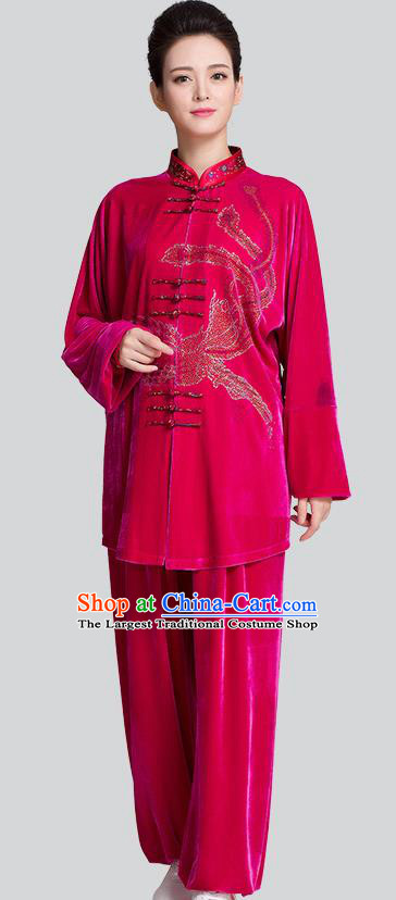 China Kung Fu Tai Chi Clothing Traditional Diamante Phoenix Rosy Pleuche Uniforms