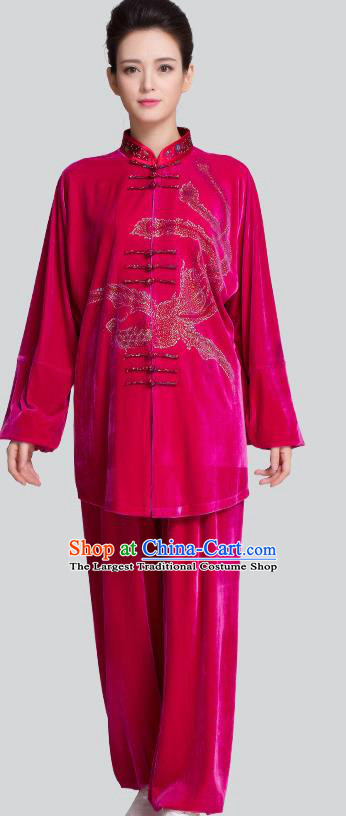 China Kung Fu Tai Chi Clothing Traditional Diamante Phoenix Rosy Pleuche Uniforms