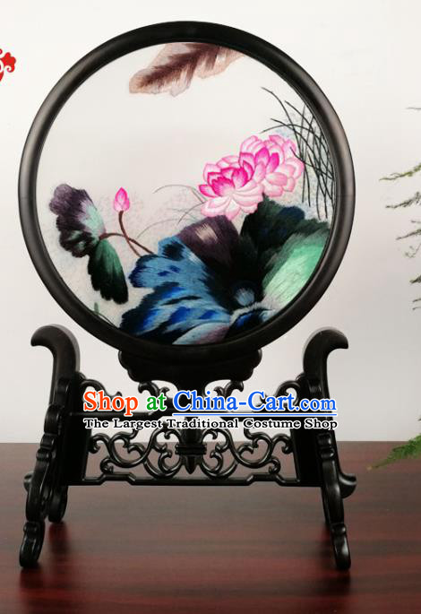 China Suzhou Embroidery Lotus Table Screen Handmade Blackwood Decoration Traditional Double Side Silk Screen