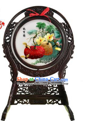 China Embroidered Autumn Pumpkin Desk Screen Handmade Wenge Table Ornament