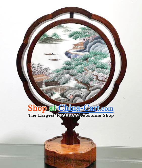 China Table Lantern Screen Embroidered Landscape LED Bedside Lamp Handmade Wood Decoration
