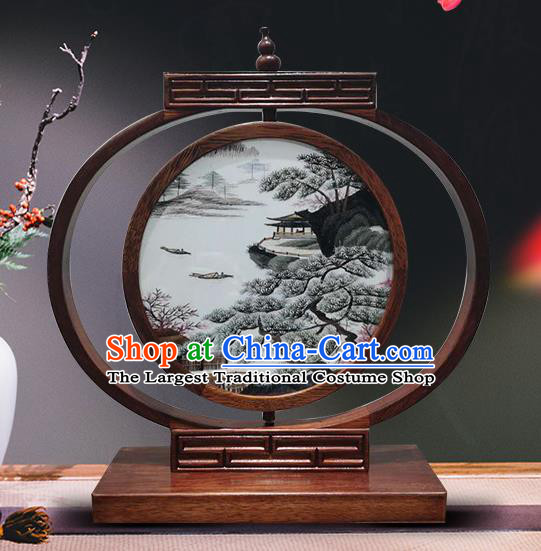 China Suzhou Embroidered LED Bedside Lamp Handmade Wood Desk Lantern Decoration Table Screen